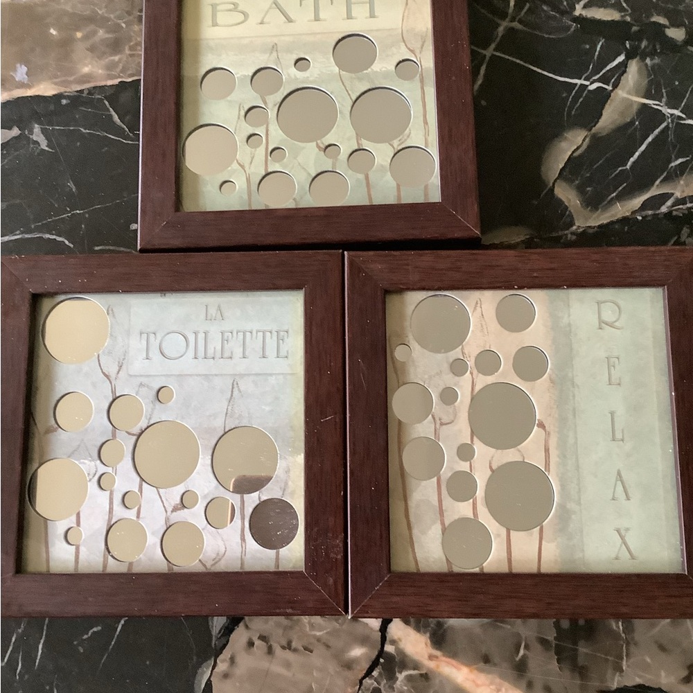 Set of 3 square wooden mirrored graphic bathroom photos 8x8